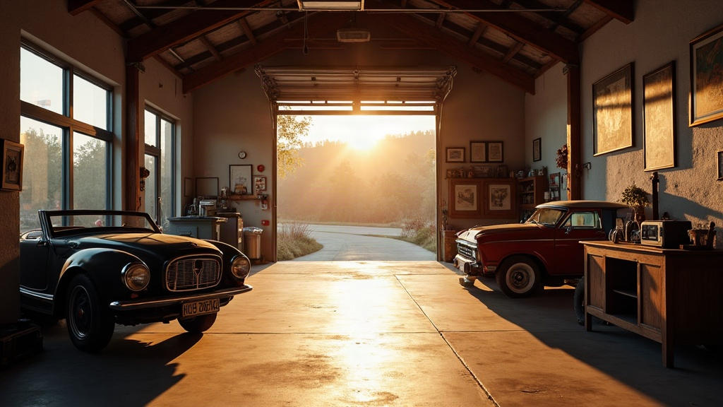 Precision auto workshop bay, dramatic cinematic lighting